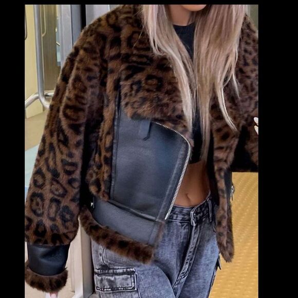 Leopard Print Faux Fur Faux Leather Jacket - Picture 1 of 7